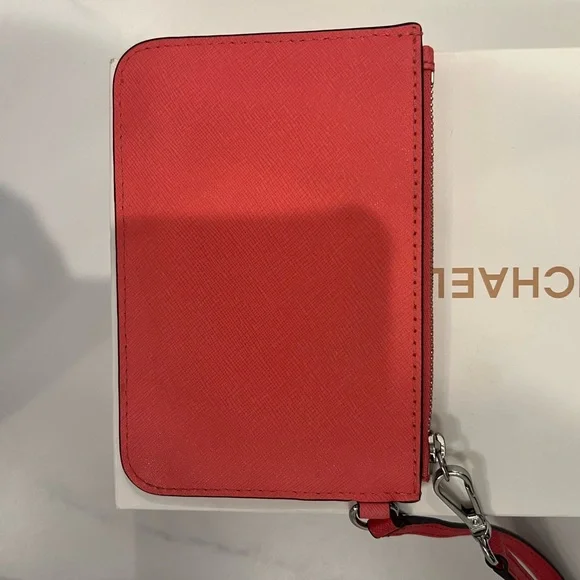 Michael Kors Women's Coral Pink Leather Zip Pouch Wristlet - Picture 2 of 7